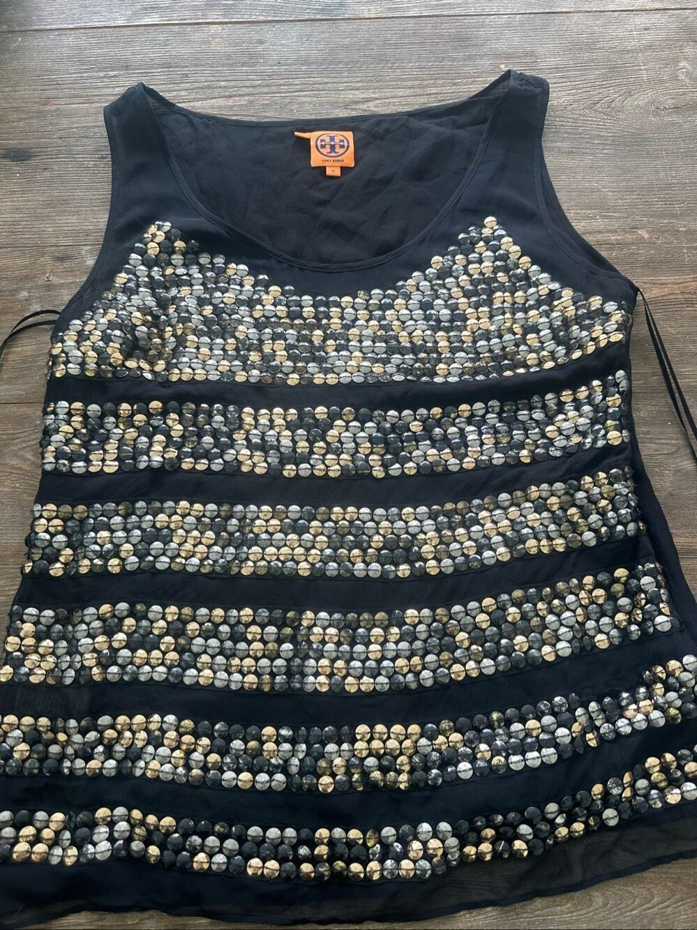 Tory Burch 100% Silk Sequin Tank Top Black Gold Silver Sleeveless Blouse 12